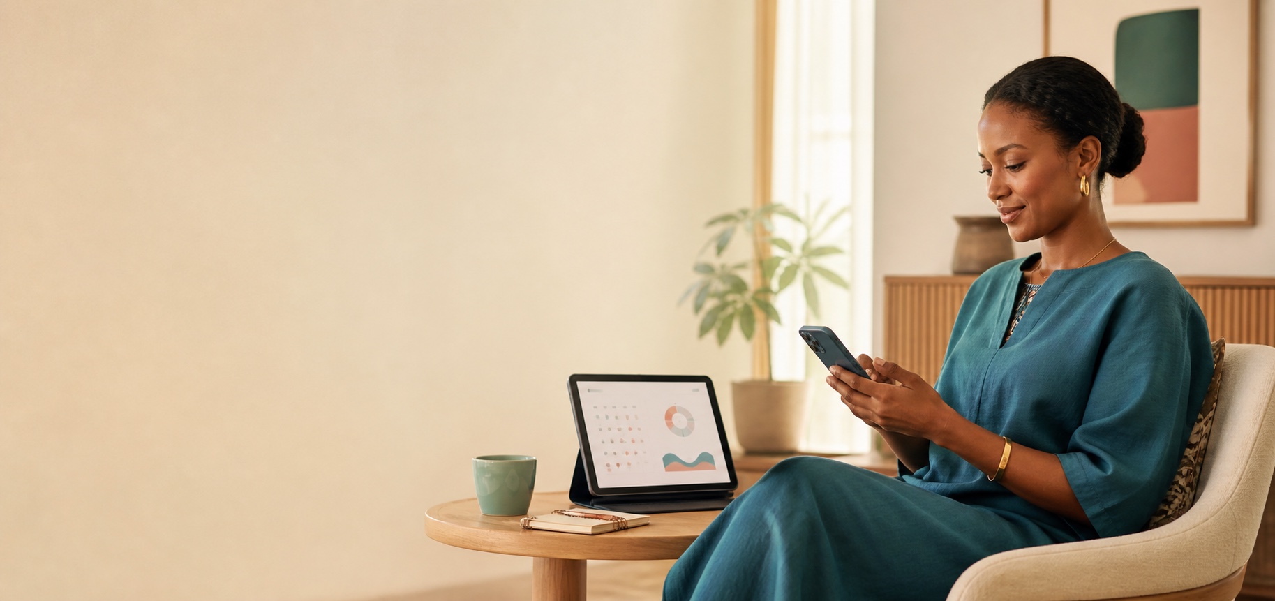 A Black African woman privately using digital women’s health tools on her phone and tablet