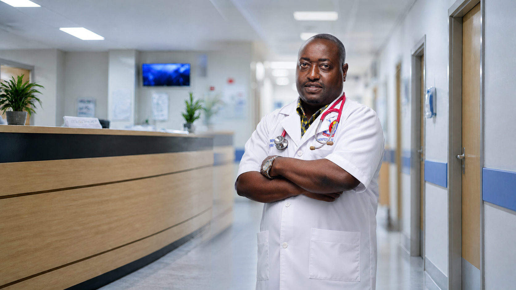 Dr. Benny wearing a white clinical coat and stethoscope in a hospital corridor