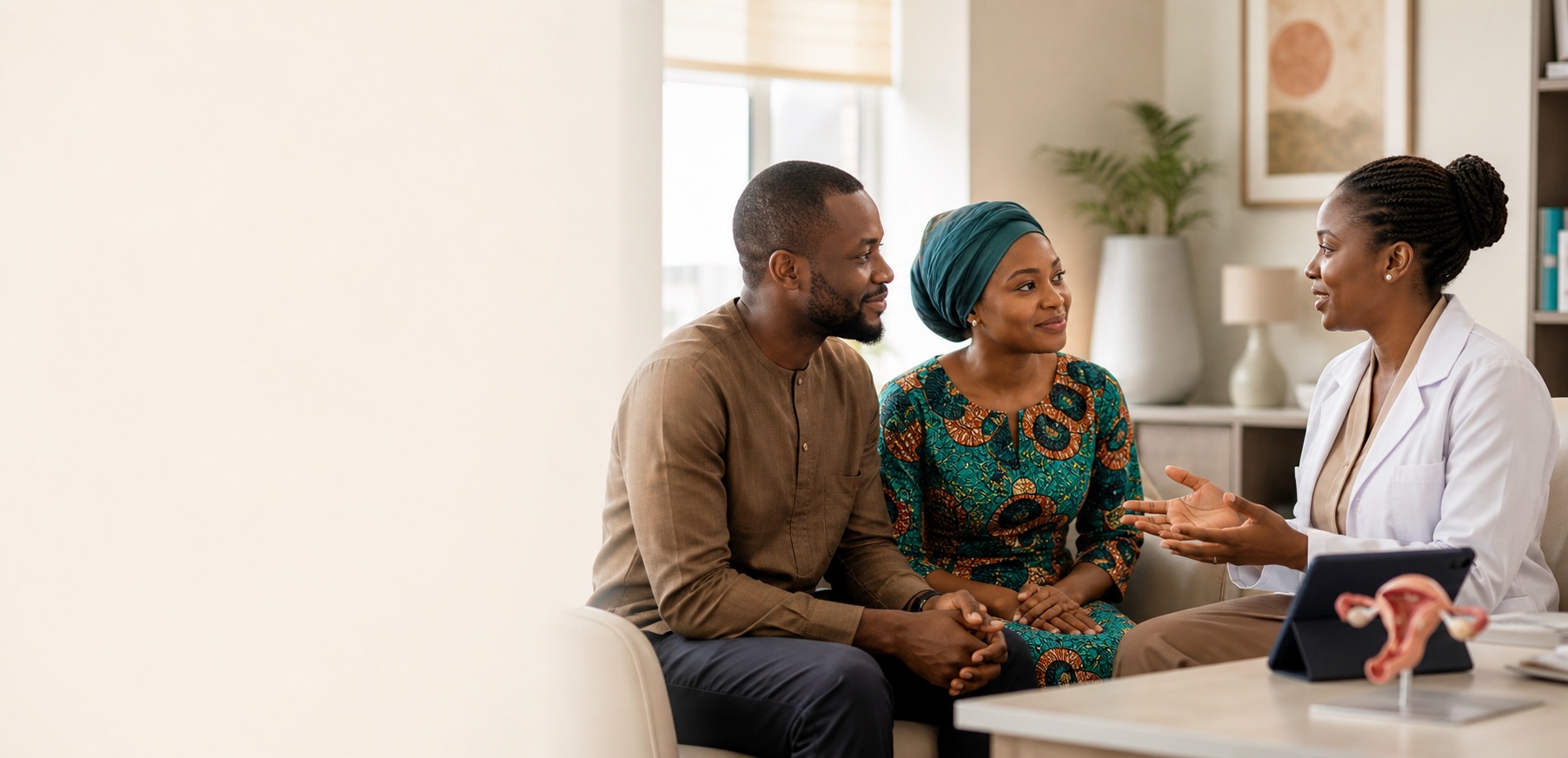 A Black African couple receiving supportive fertility guidance from a doctor in a welcoming clinic