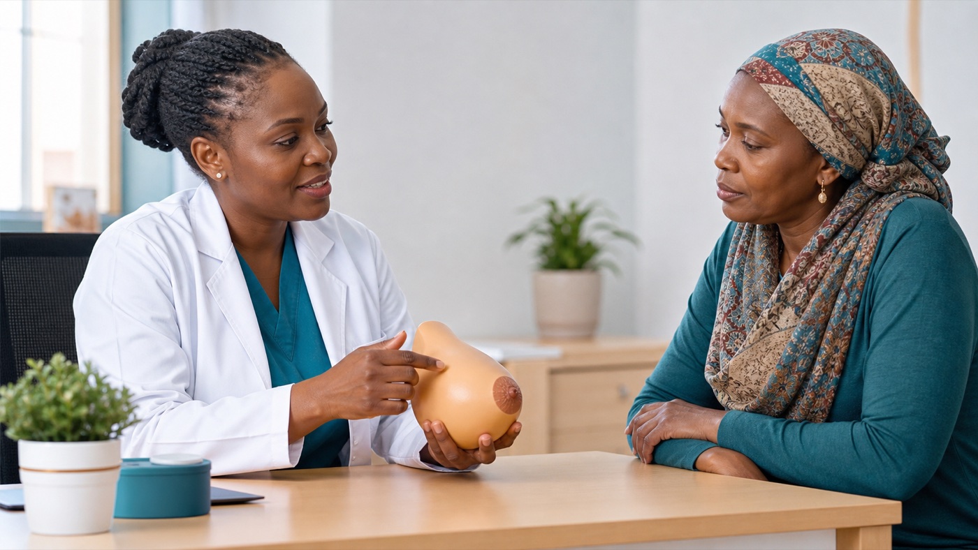 Black African woman discussing a breast change during a clinical consultation