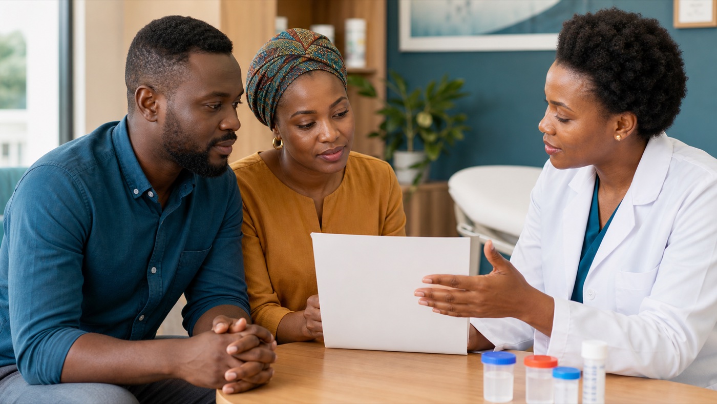 Black African couple learning about fertility tests with a clinician