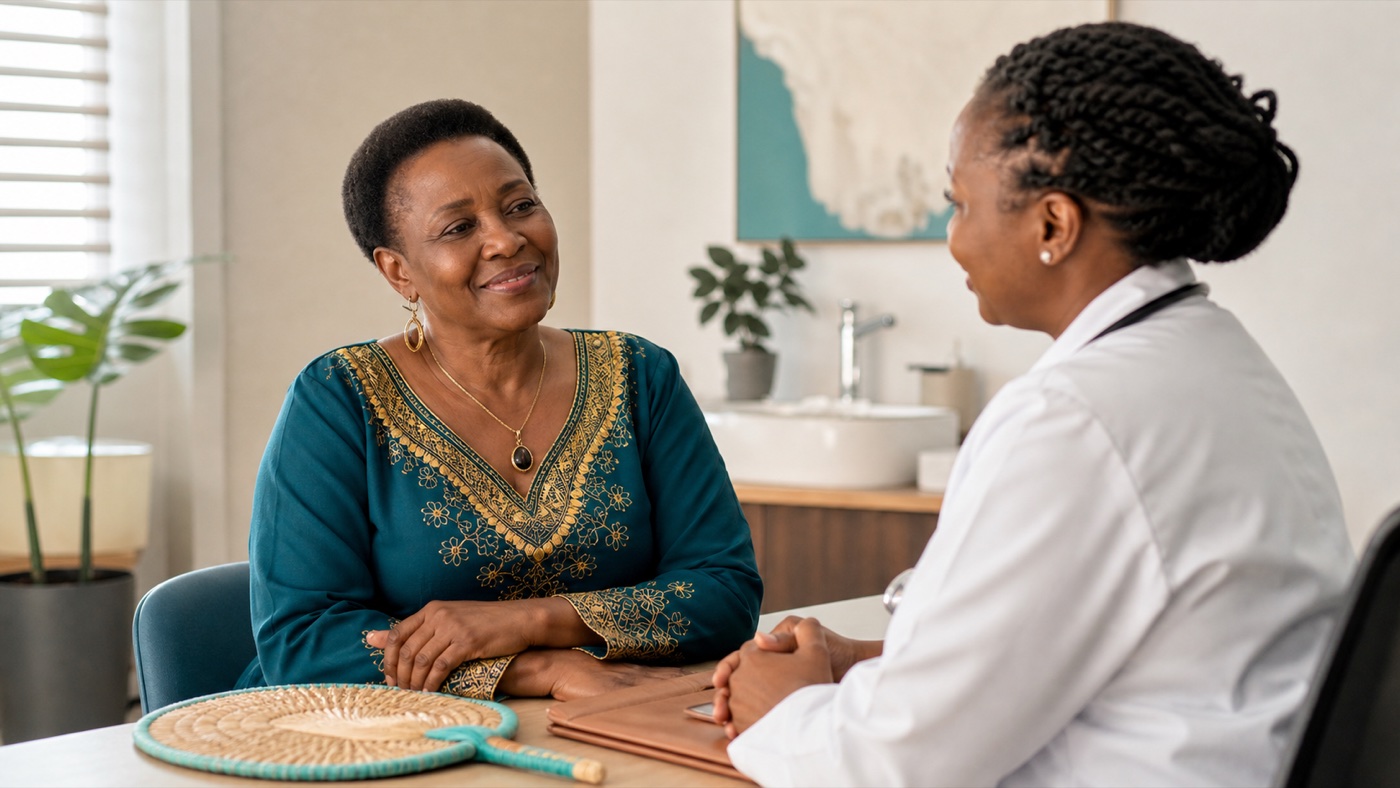 Black African woman discussing the menopause transition with a clinician