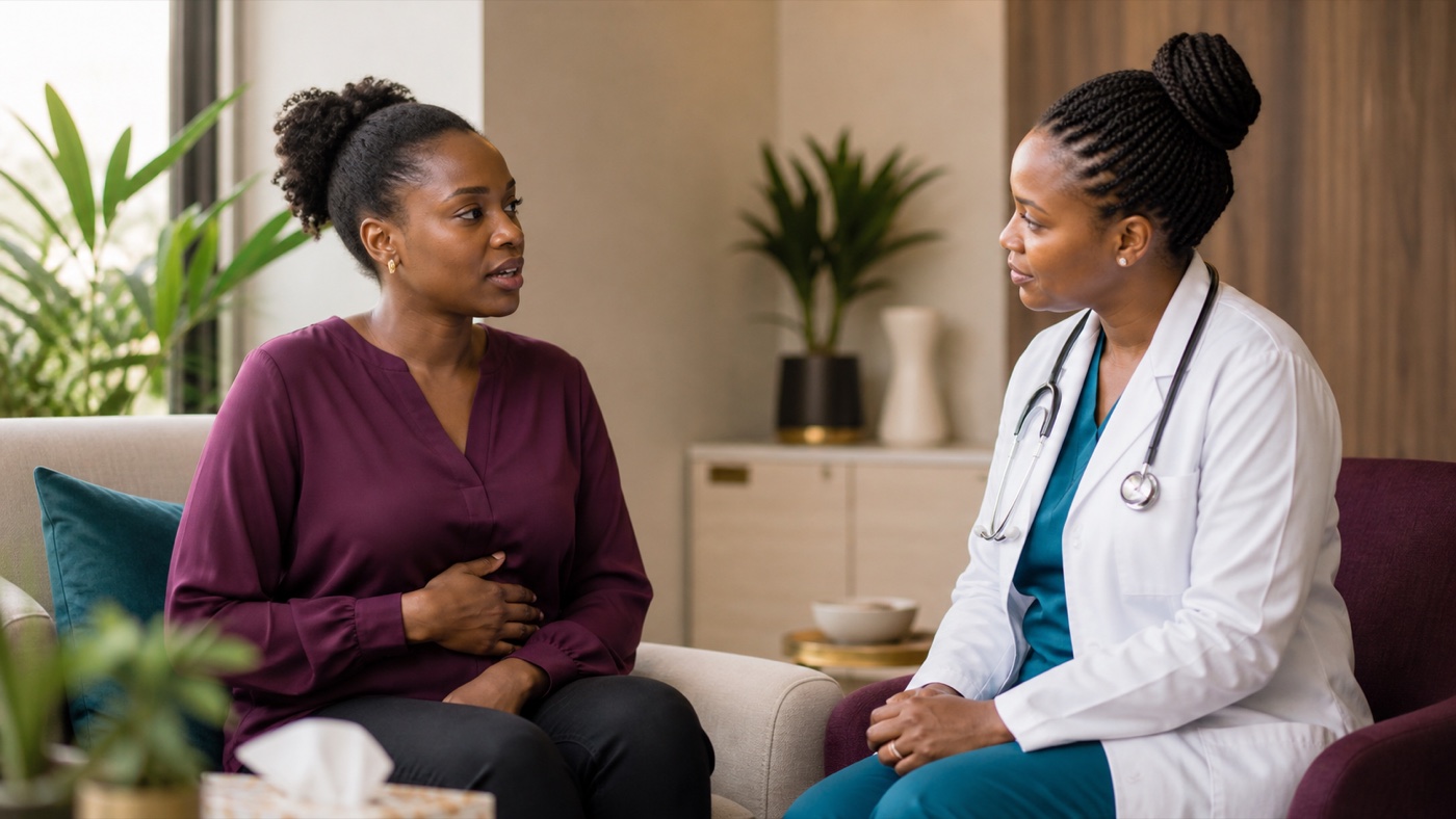 Black African woman discussing pelvic pain with an attentive clinician