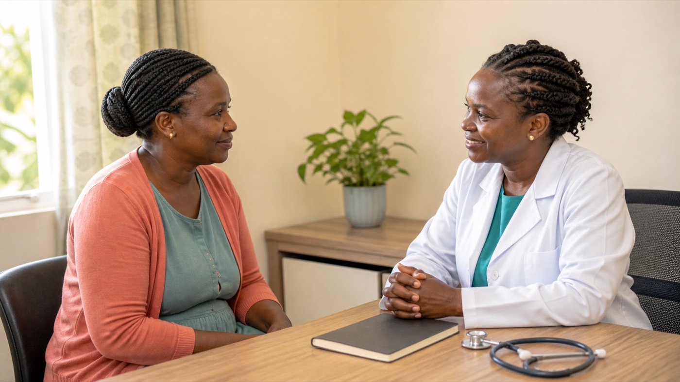 Black African patient discussing women’s health privately with a clinician