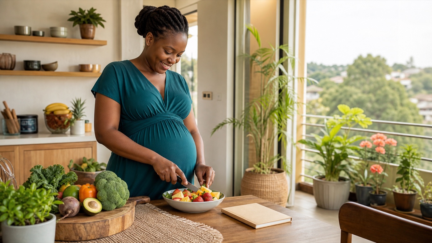 Black African expectant mother preparing a healthy meal at home