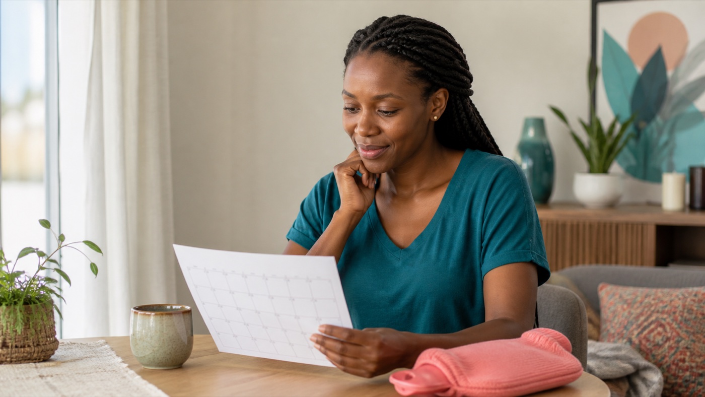 Black African woman calmly reviewing her menstrual cycle calendar at home