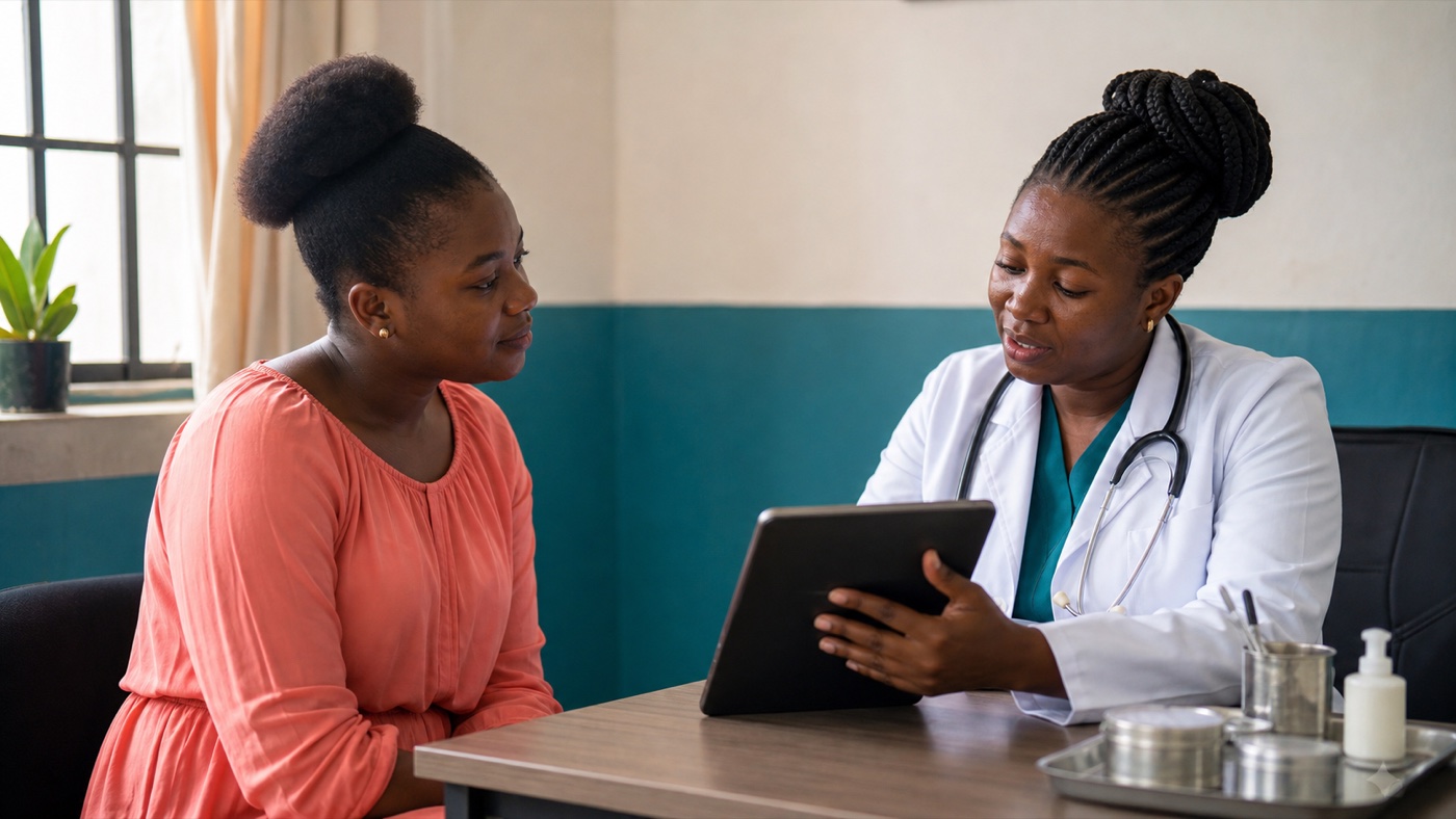 Black African patient receiving private PID guidance from a doctor
