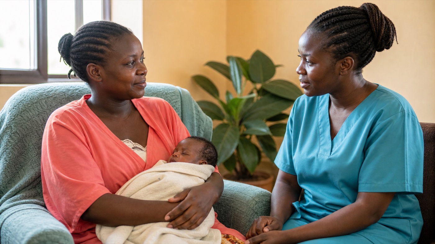 Black African new mother receiving supportive postnatal guidance