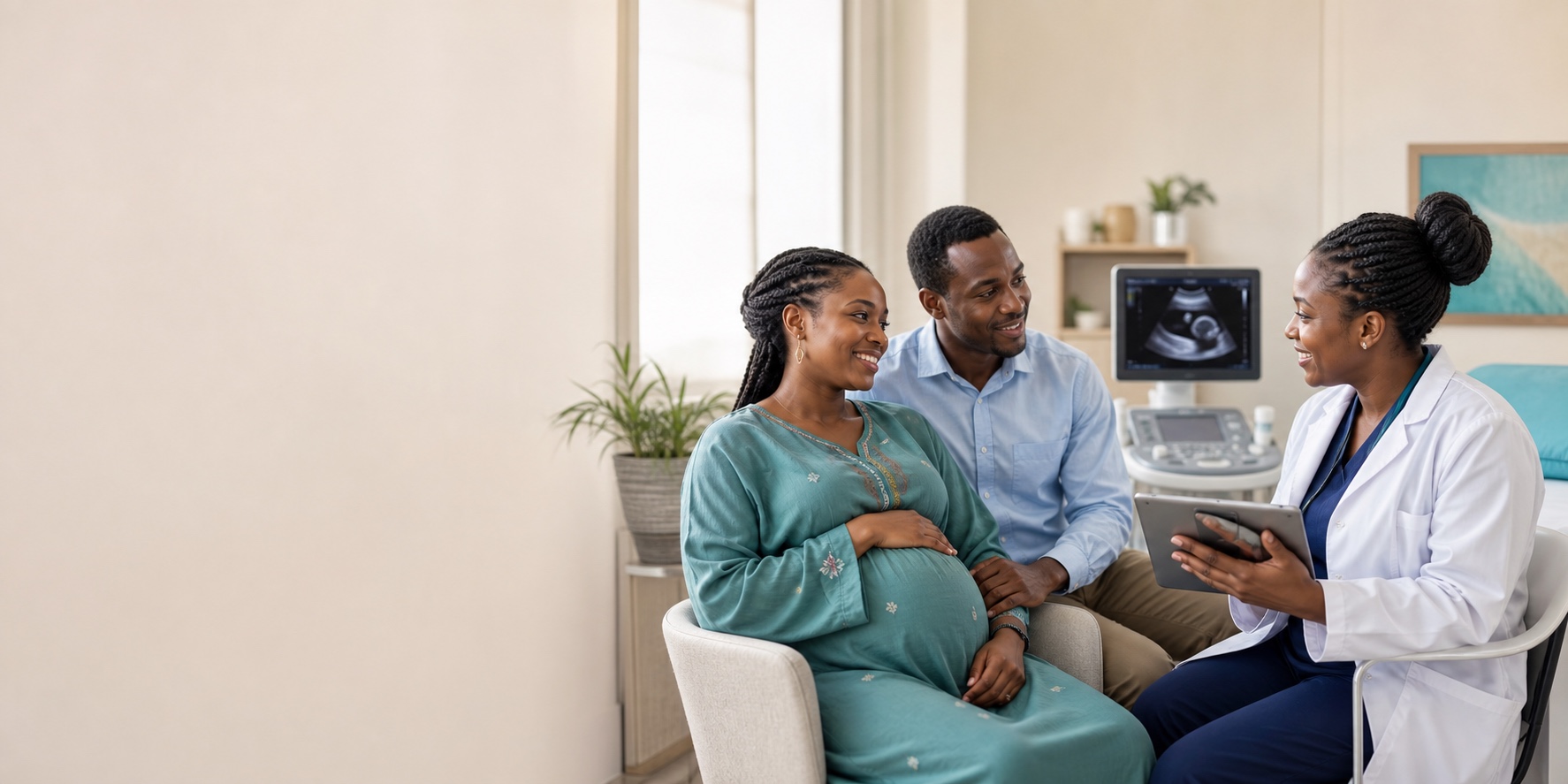A Black East African expectant couple receiving compassionate prenatal guidance from an African doctor