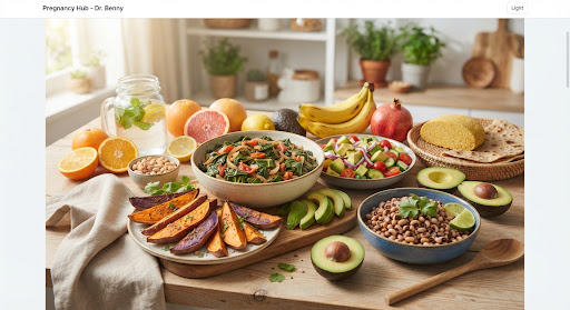 A colourful meal with vegetables, fruit, legumes and whole foods