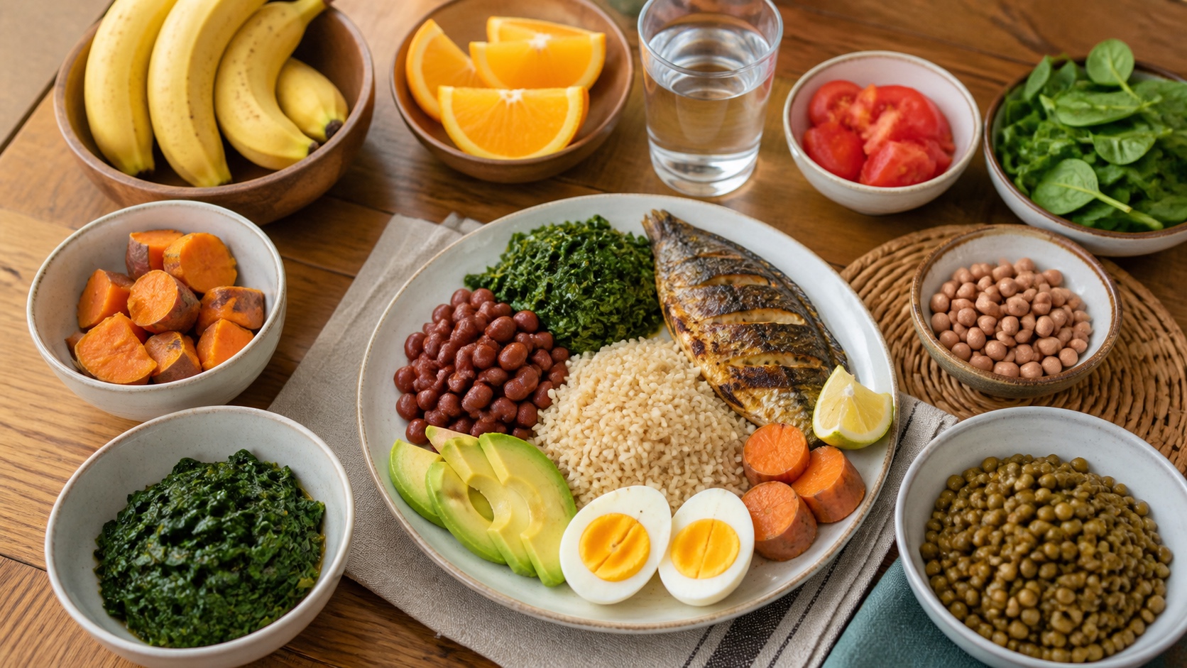 A balanced East African prenatal meal with fish, beans, leafy vegetables, whole grains, eggs and fruit